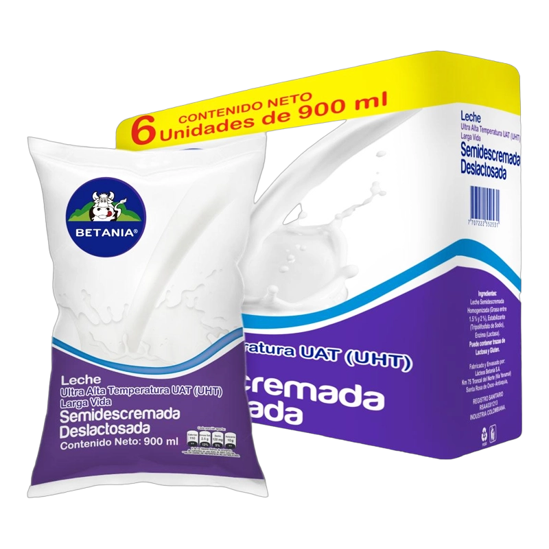LECHE BETANIA SEMIDESCREMADA DESLACTOSADA UHT X 900 X 6 UND
