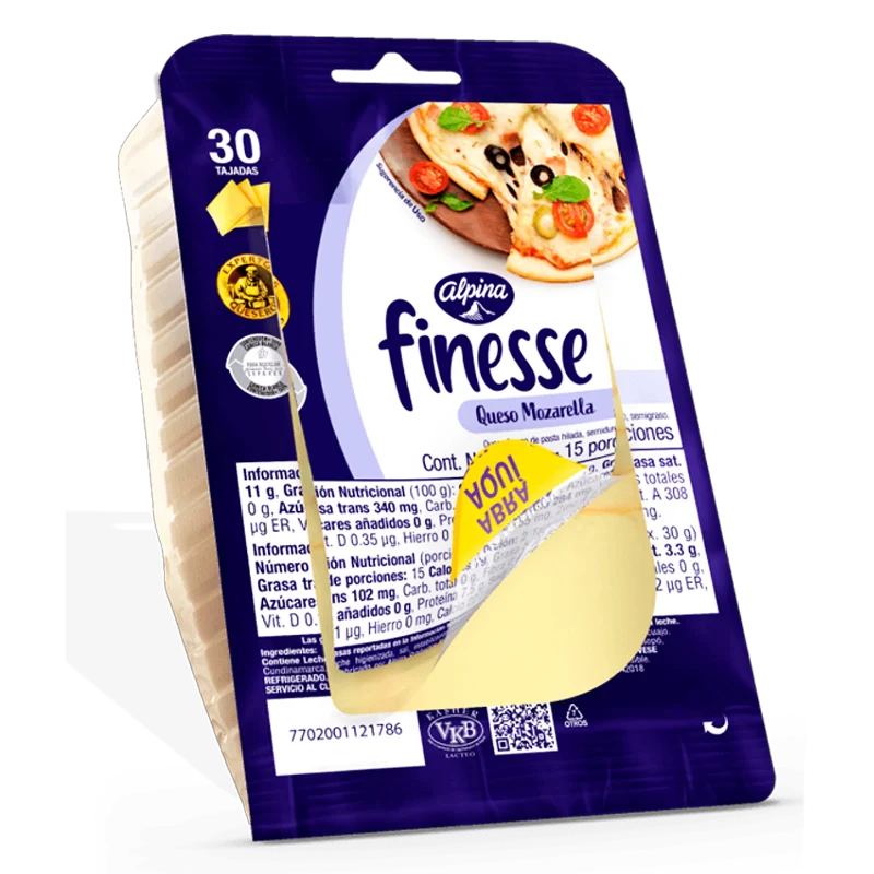 QUESO MOZARELLA ALPINA FINESS TAJADO X 30 X 450 GR