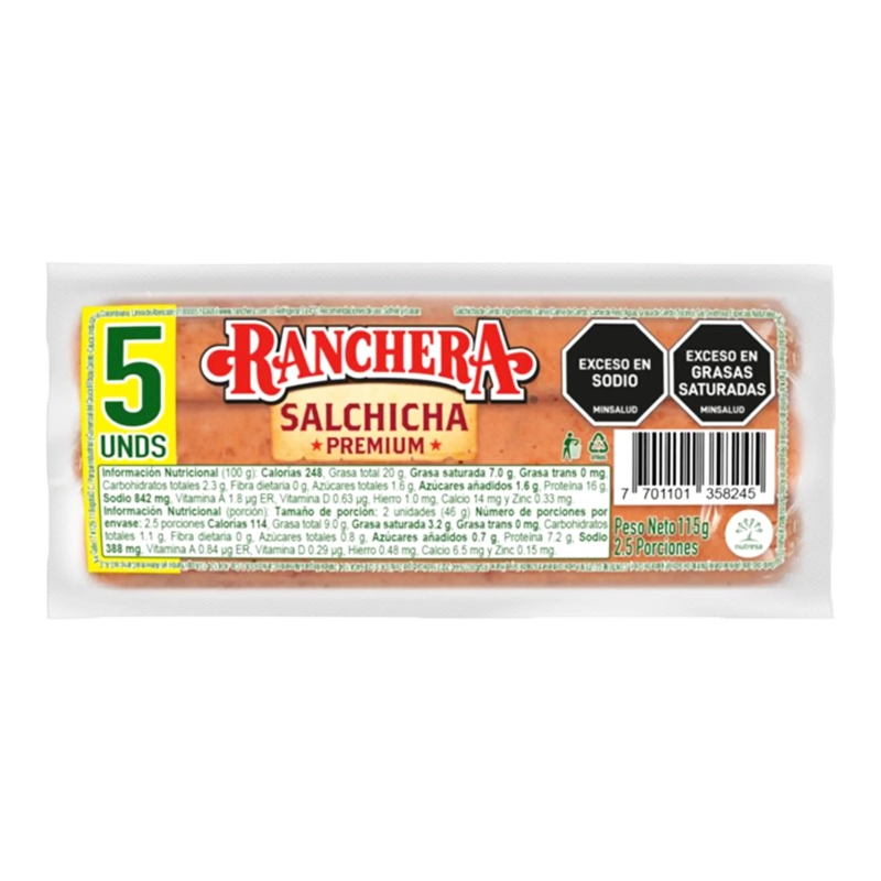 SALCHICHA RANCHERA PREMIUN X 5 X115 GR