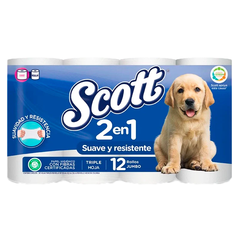 PAPEL HIGIENICO SCOTT 2 EN 1 X 12 ROLLOS