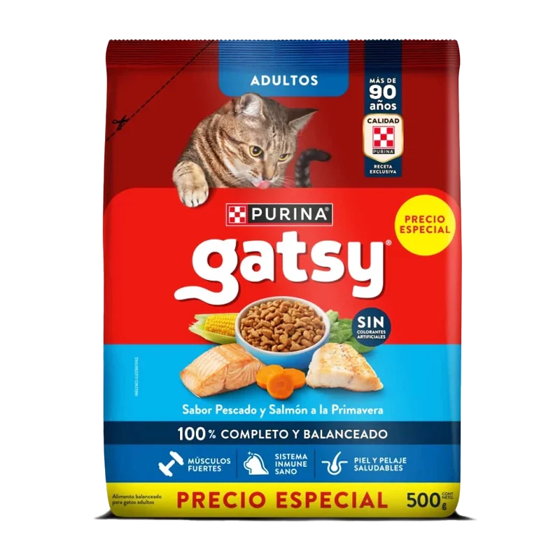 ALIMENTO PARA GATO GATSY 500G ADULTO PESCADO Y SALMON PEQUEÑO X 1000 GR