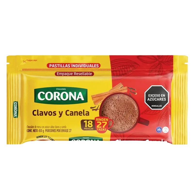 CHOCOLATE CORONA CLAVOS Y CANELA X 450 GR