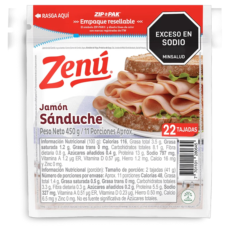 JAMON DE CERDO ZENU TIPO SANDUCHE TAJADO X 450 GR