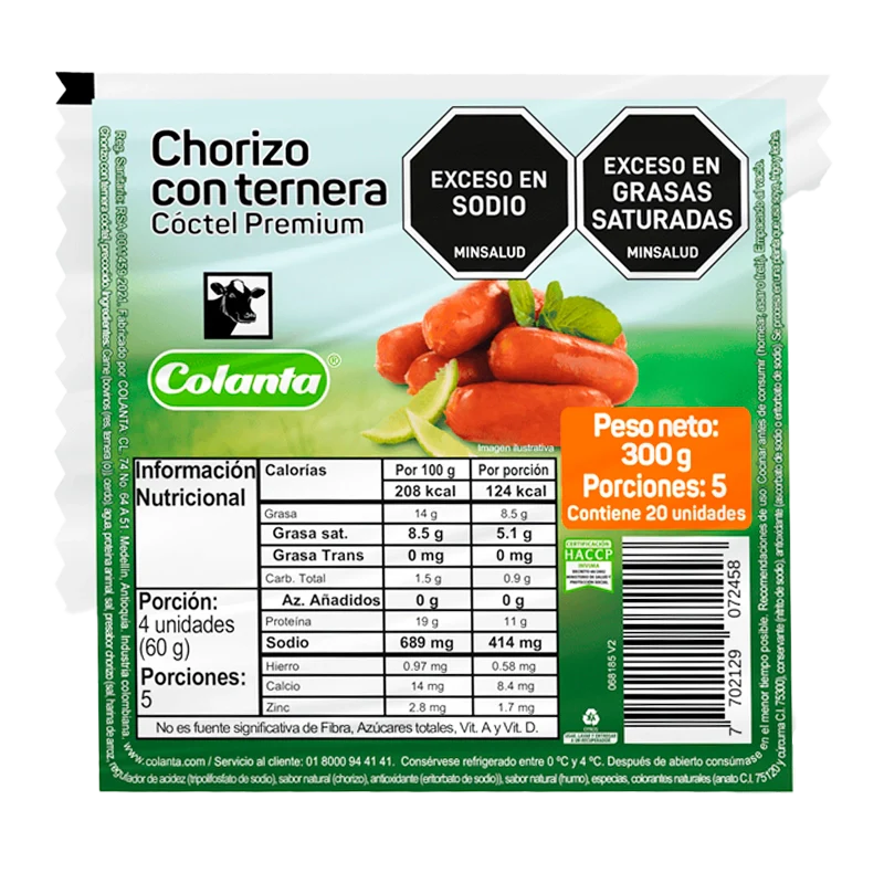 CHORIZO CON TERNERA TIPO COCTEL COLANTA X 300 GR