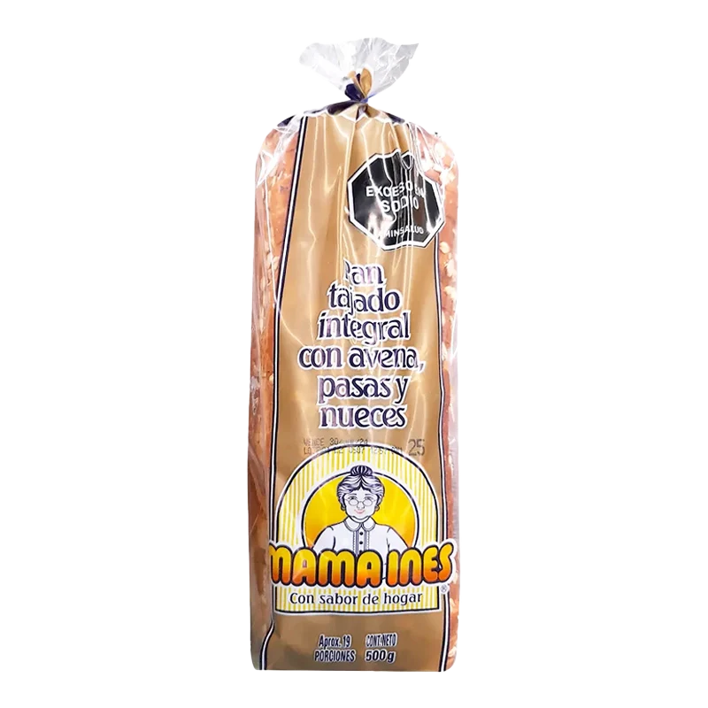 PAN TAJADO INTEGRAL MAMA INES CON AVENA Y PASAS X 500 GR